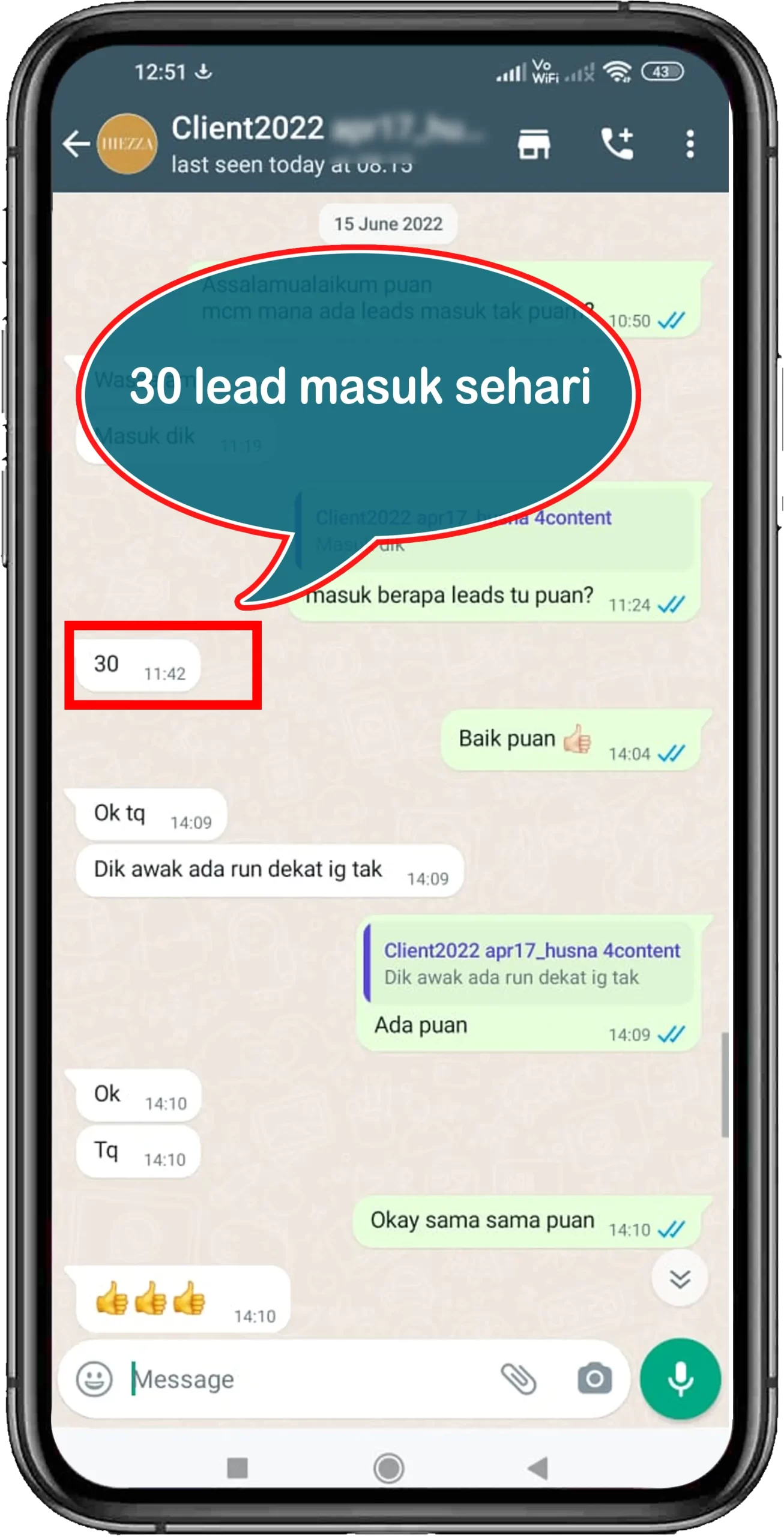 30 lead masuk sehari